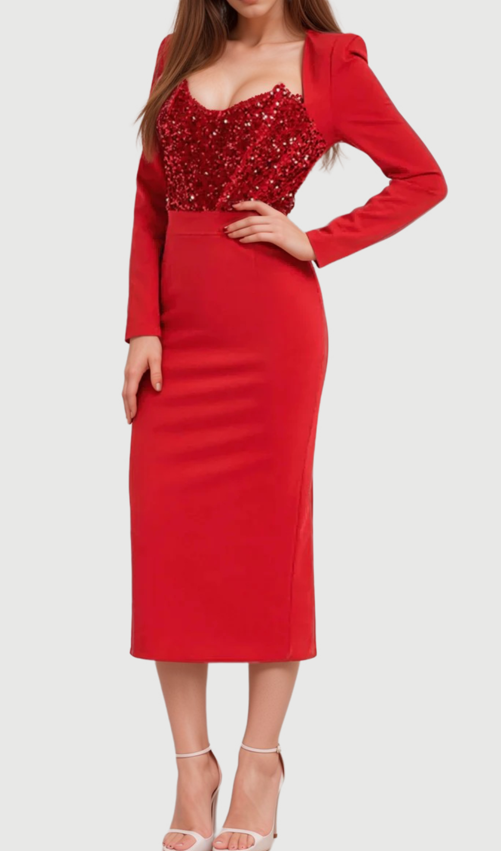 Flowering Girl Women MELISSA LONG SLEEVE PATCHWORK SEQUIN MIDI DRESS IN RED