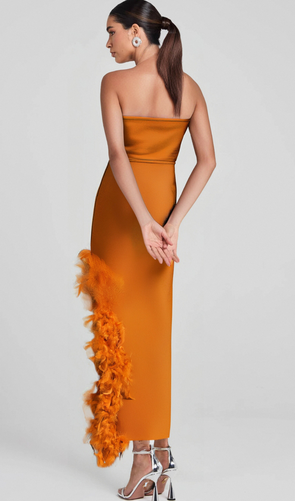 Flowering Girl Women OSTRICH FEATHER BANDAGE DRESS WITH V-NECKLINE IN BROWN