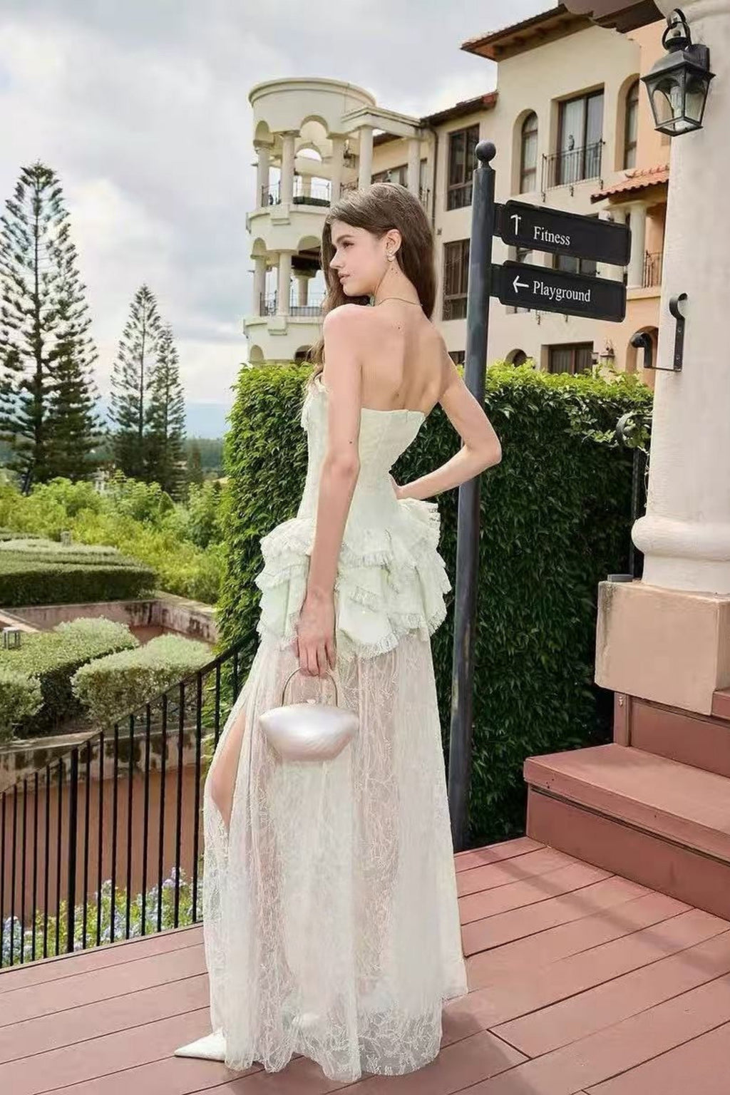 Tiffany Fitted Lace-Paneled Strapless Maxi Dress In Green