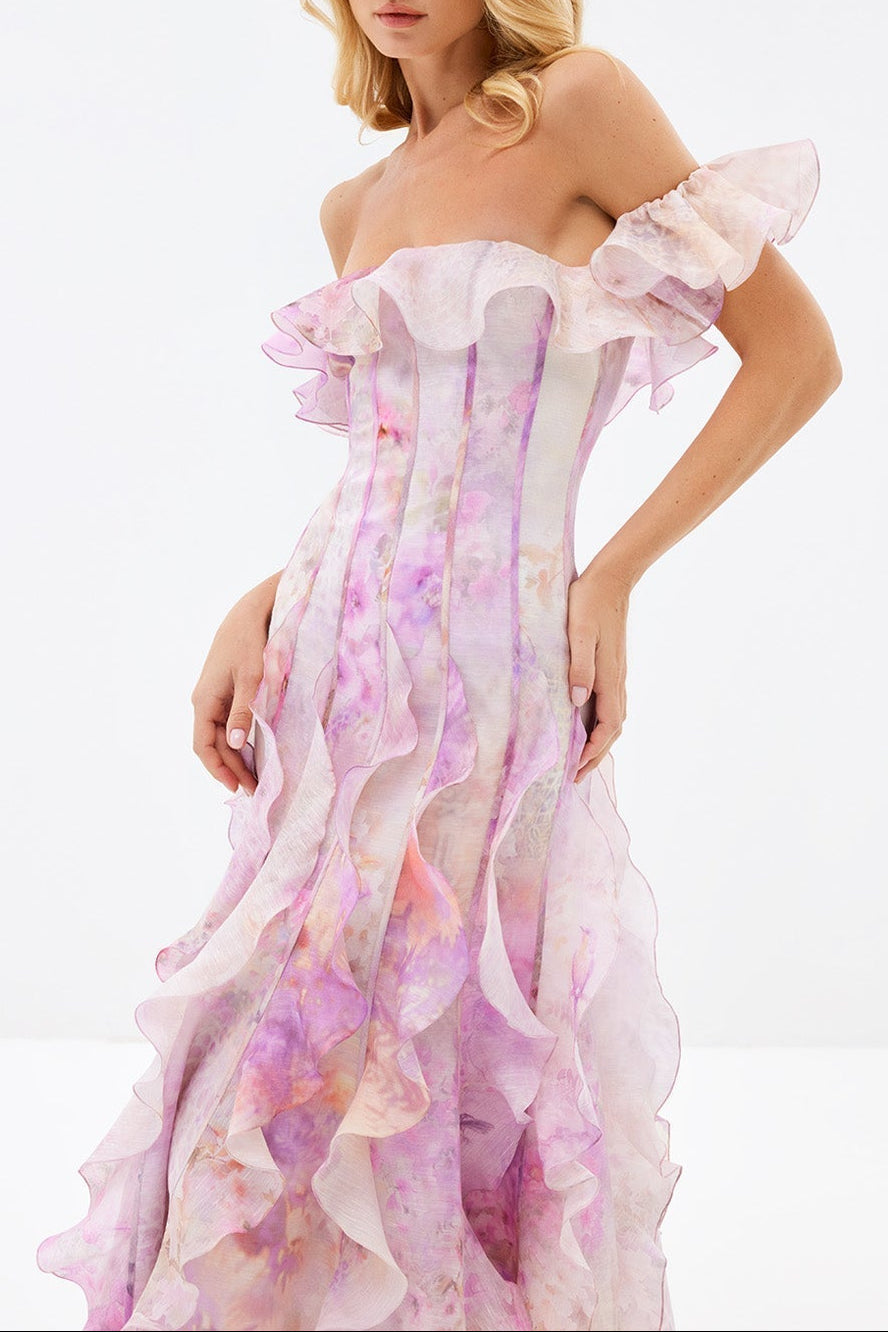 helen Floral Frill Off-Shoulder Maxi Dress in pink
