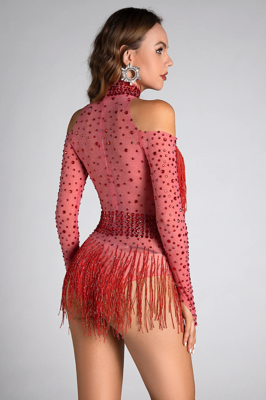 Flowering Girl Women Lillelis Halter Rhinestone Fringe Mesh Bodysuit