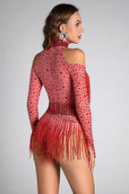 Flowering Girl Women Lillelis Halter Rhinestone Fringe Mesh Bodysuit