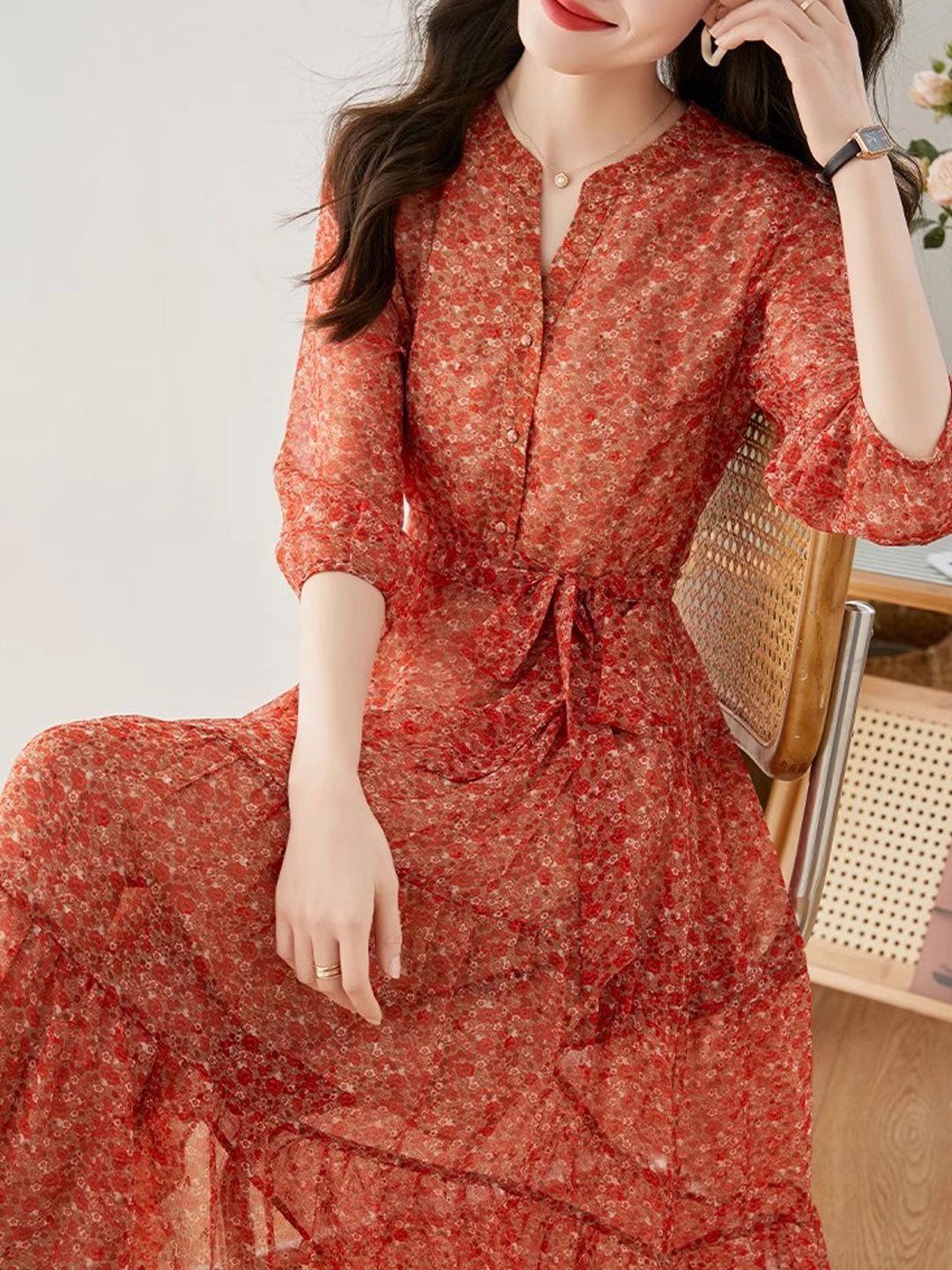 Flowering Girl Women lyuba Vintage Ruffle Floral Chiffon Maxi Dress