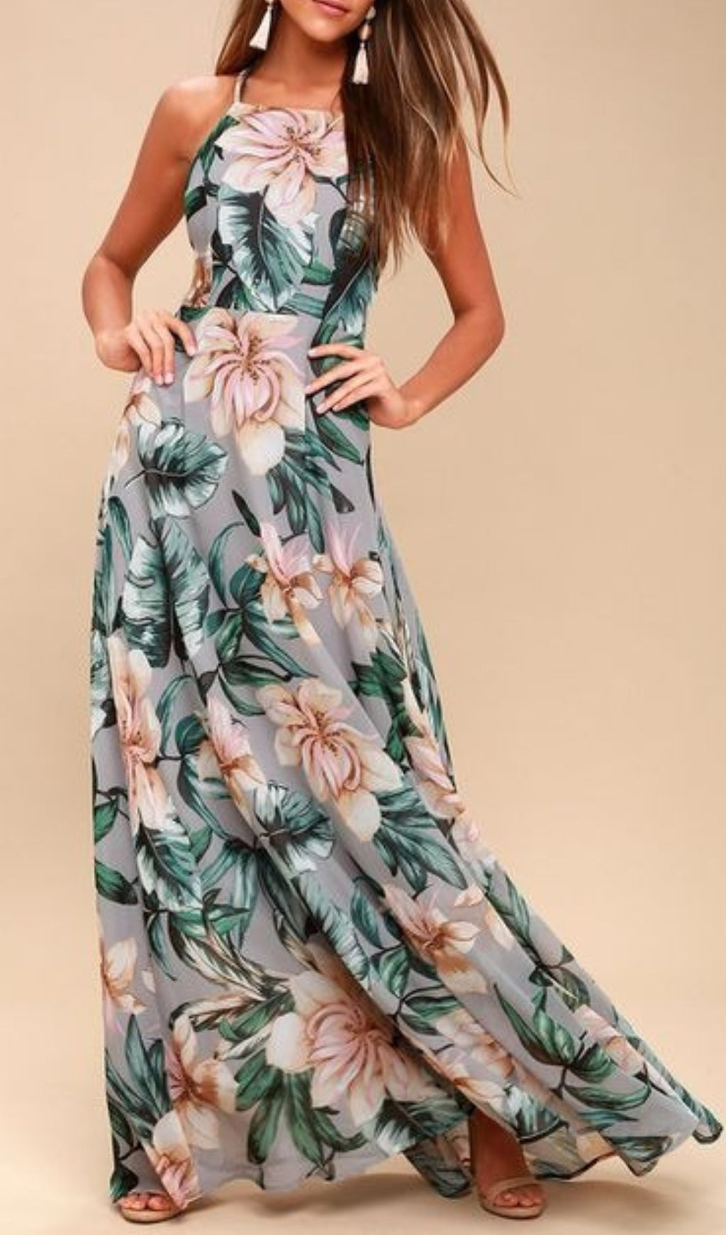 Flowering Girl Women Grey Floral Print Lace-Up Maxi Dress