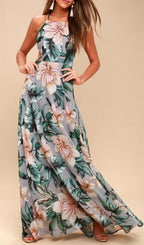 Flowering Girl Women Grey Floral Print Lace-Up Maxi Dress