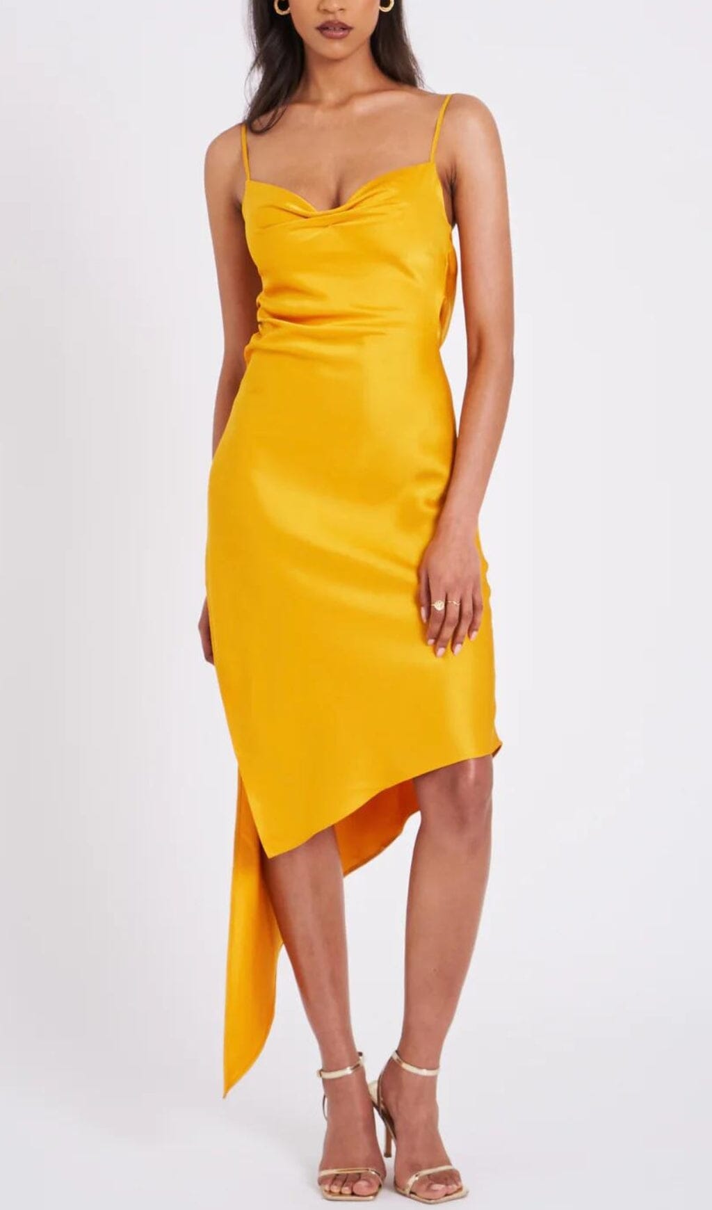 Flowering Girl Women Orange Satin Draping Midi Dress