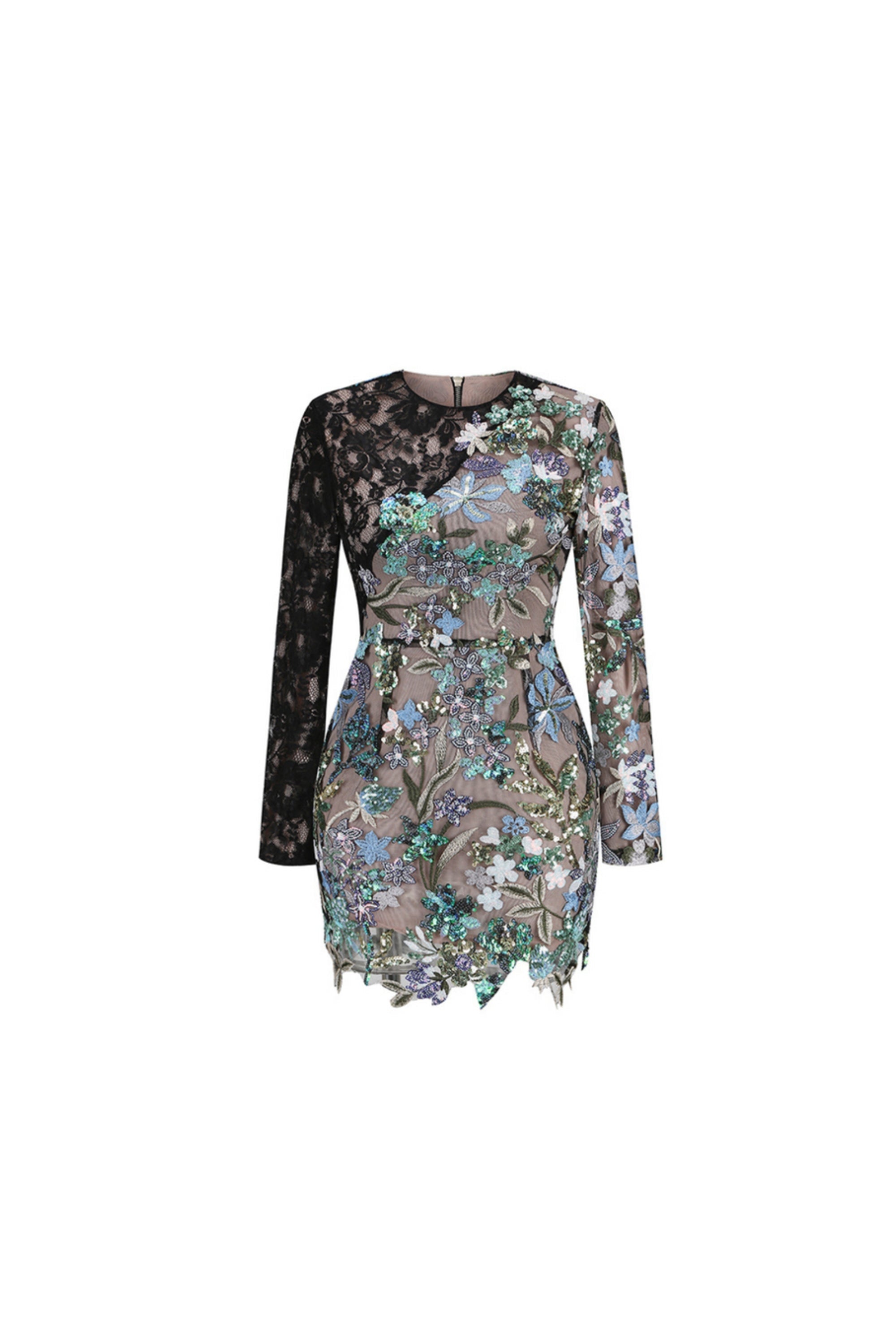 Flowering Girl Women Long Sleeve Lace Sequin Floral Dress