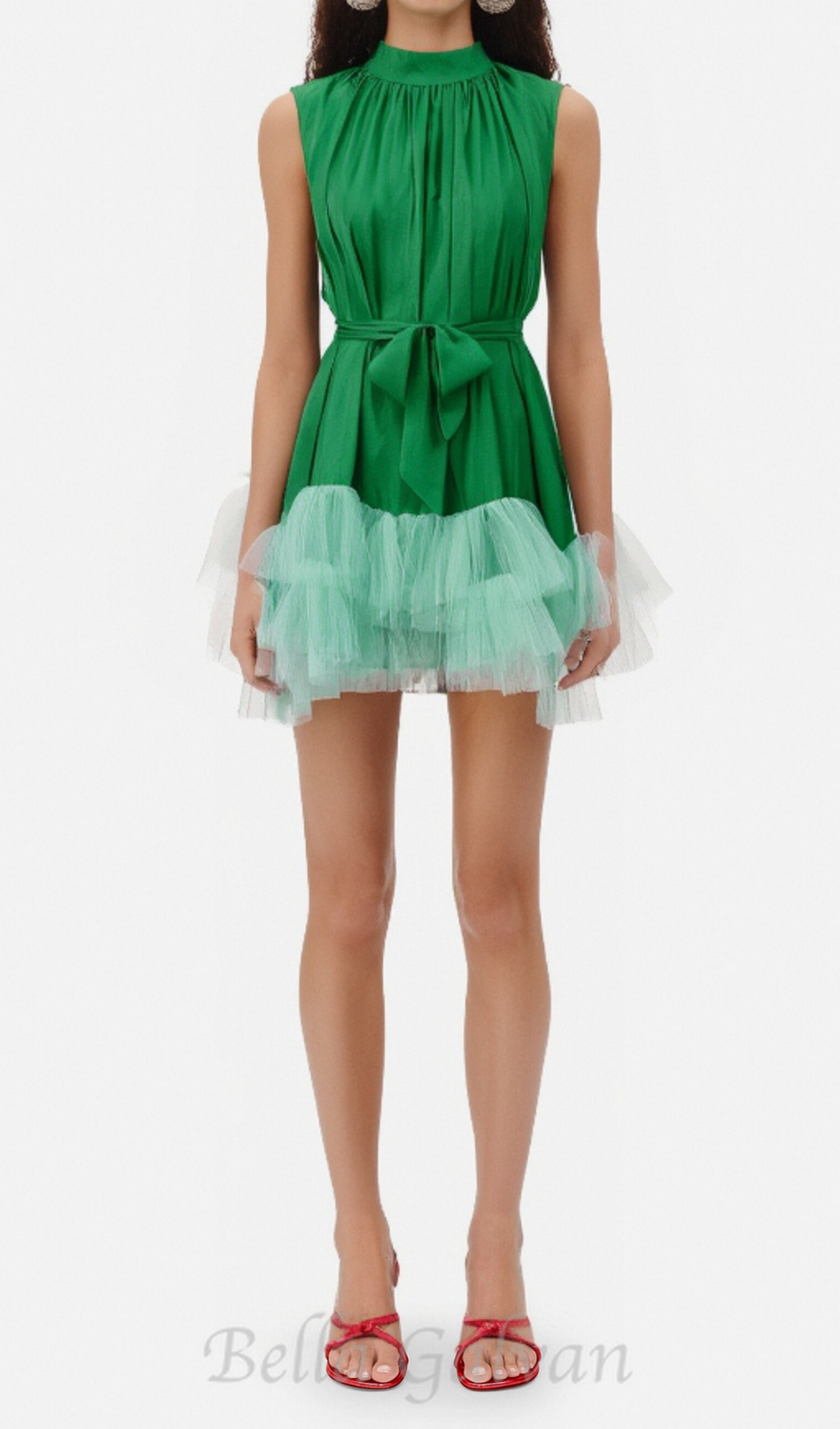 Flowering Girl Women half-high-neckline tulle mini dress in green