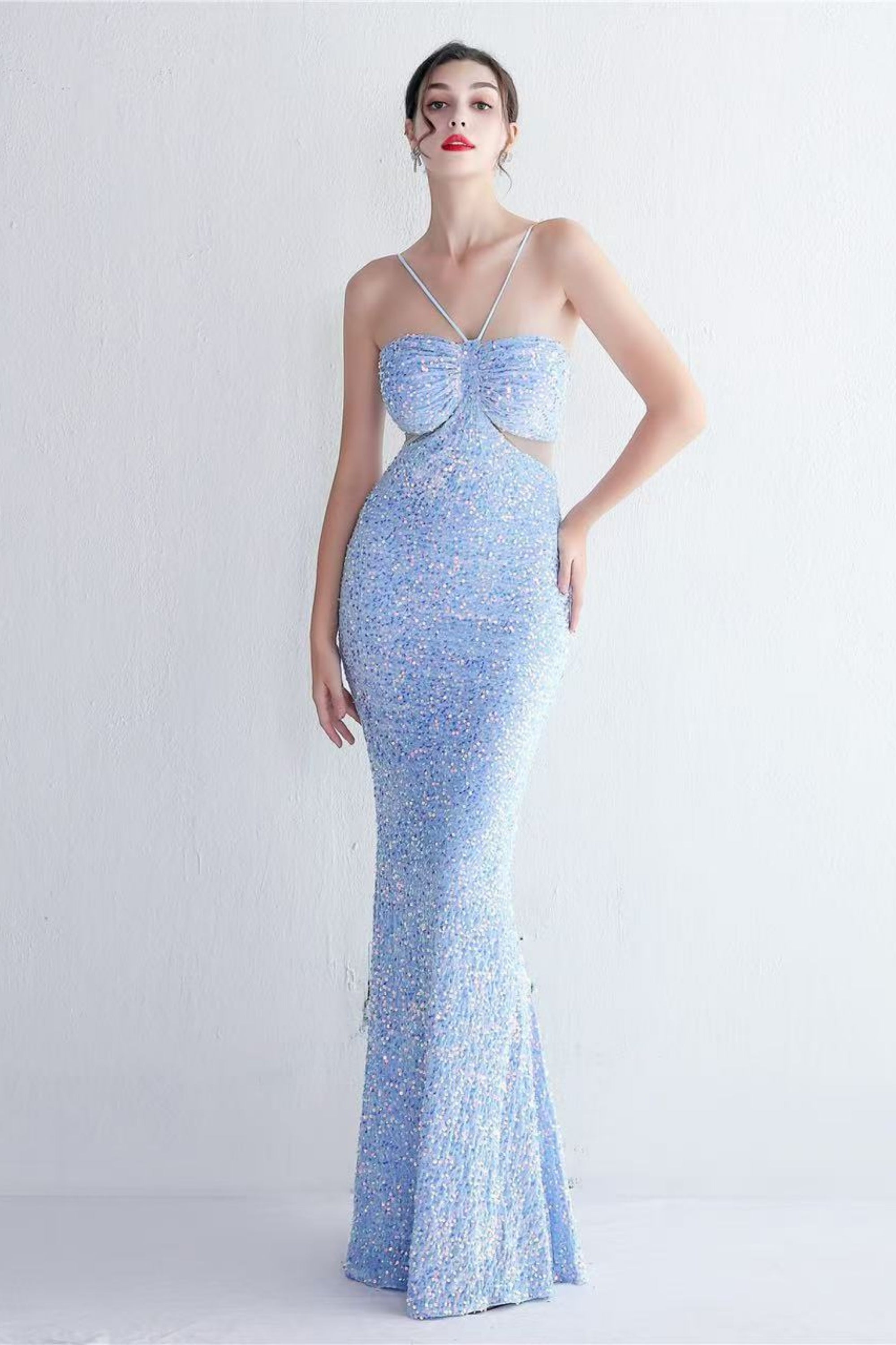 Flowering Girl Women MARIAN BLUE CUTOUT SEQUINS HALTER MAXI DRESS