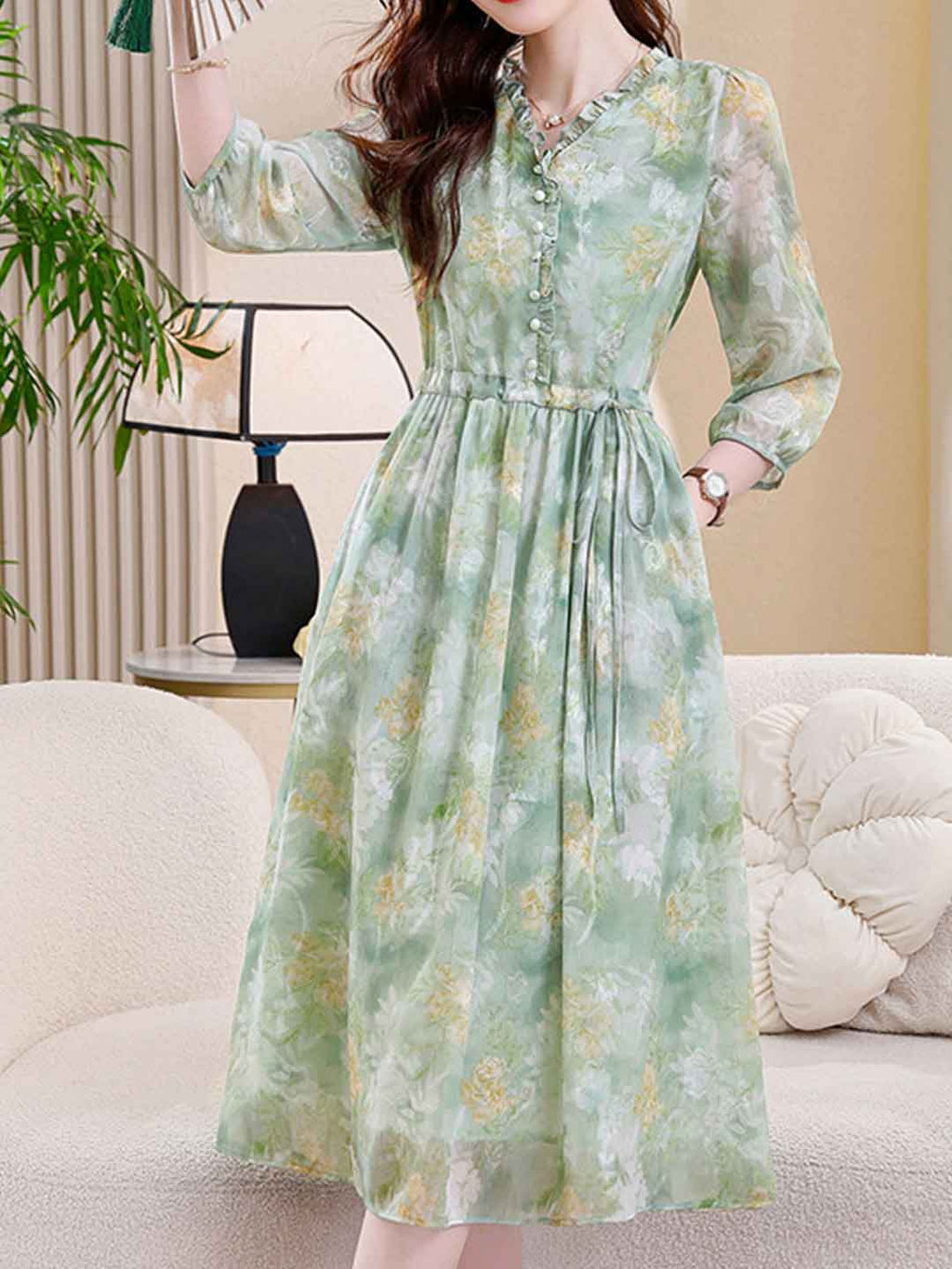 Flowering Girl Women martha Vacation Auricular Collar Jacquard Drawstring Dress