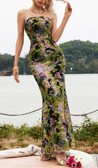 Flowering Girl Women Strapless Floral Sequin Maxi Dress