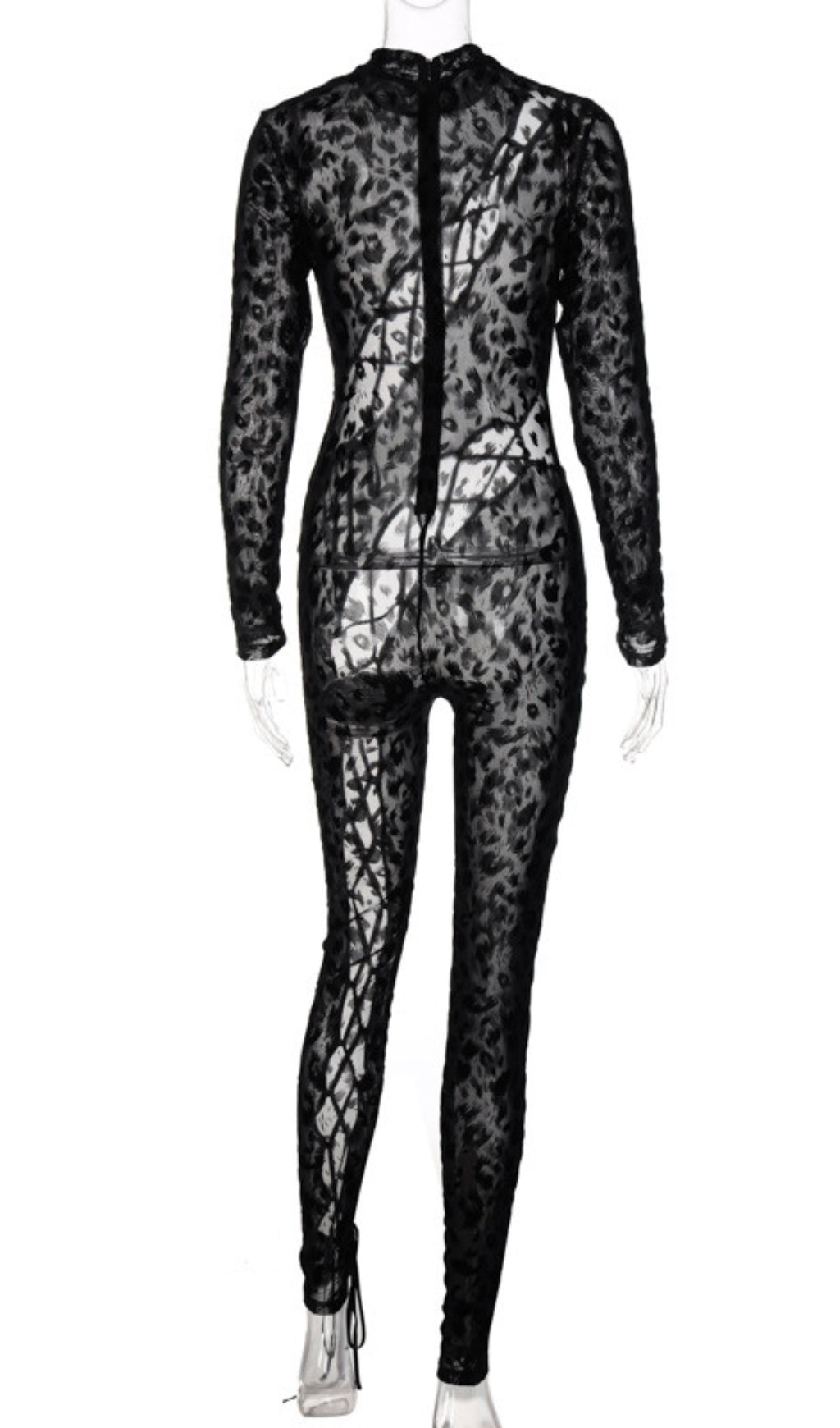 Flowering Girl Women Lace Up Leopard Printed Mesh Jumpsuit