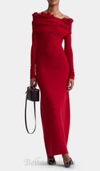 Flowering Girl Women off-shoulder floral embellished ruched maxi dress in red