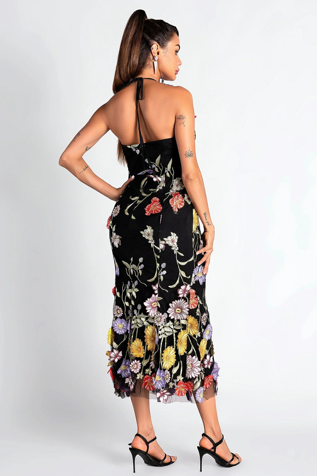 Flowering Girl Women Halter Embroider Floral Midi Dress In Black