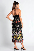 Flowering Girl Women Halter Embroider Floral Midi Dress In Black