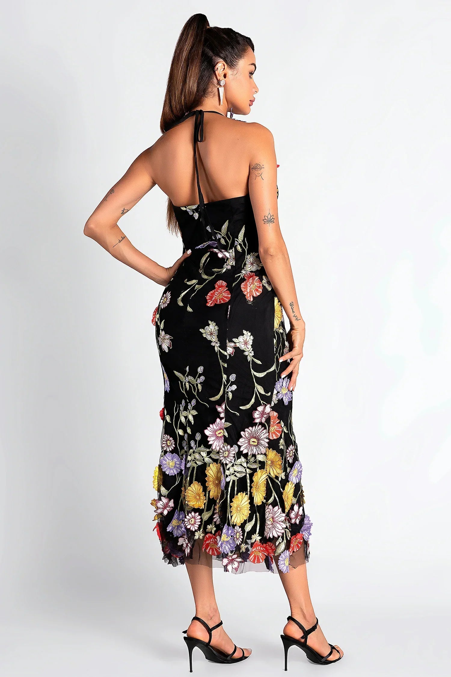 Flowering Girl Women Halter Embroider Floral Midi Dress In Black