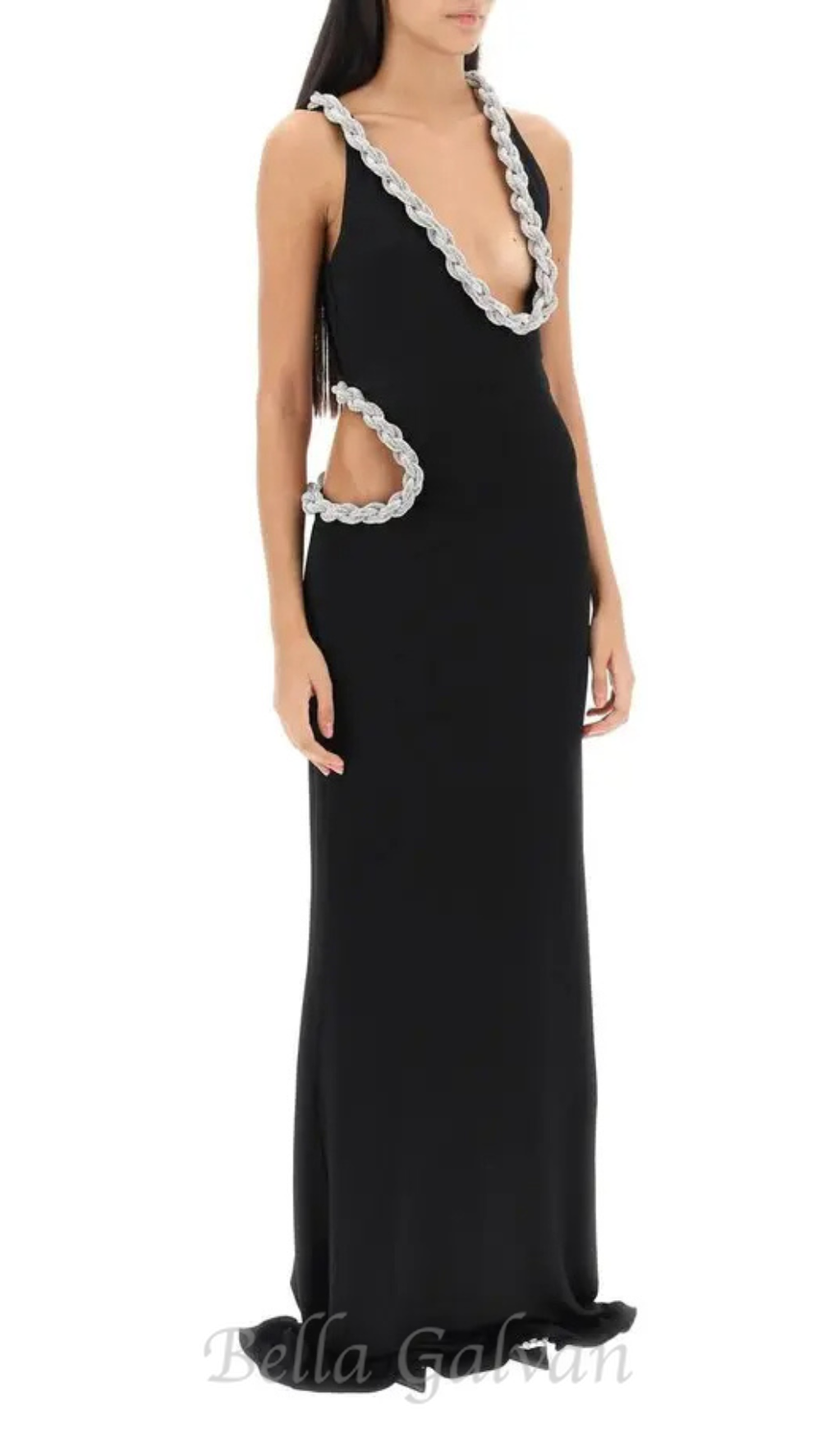 Flowering Girl Women Crystal Braided Rope Cut-Out Maxi Dress in black