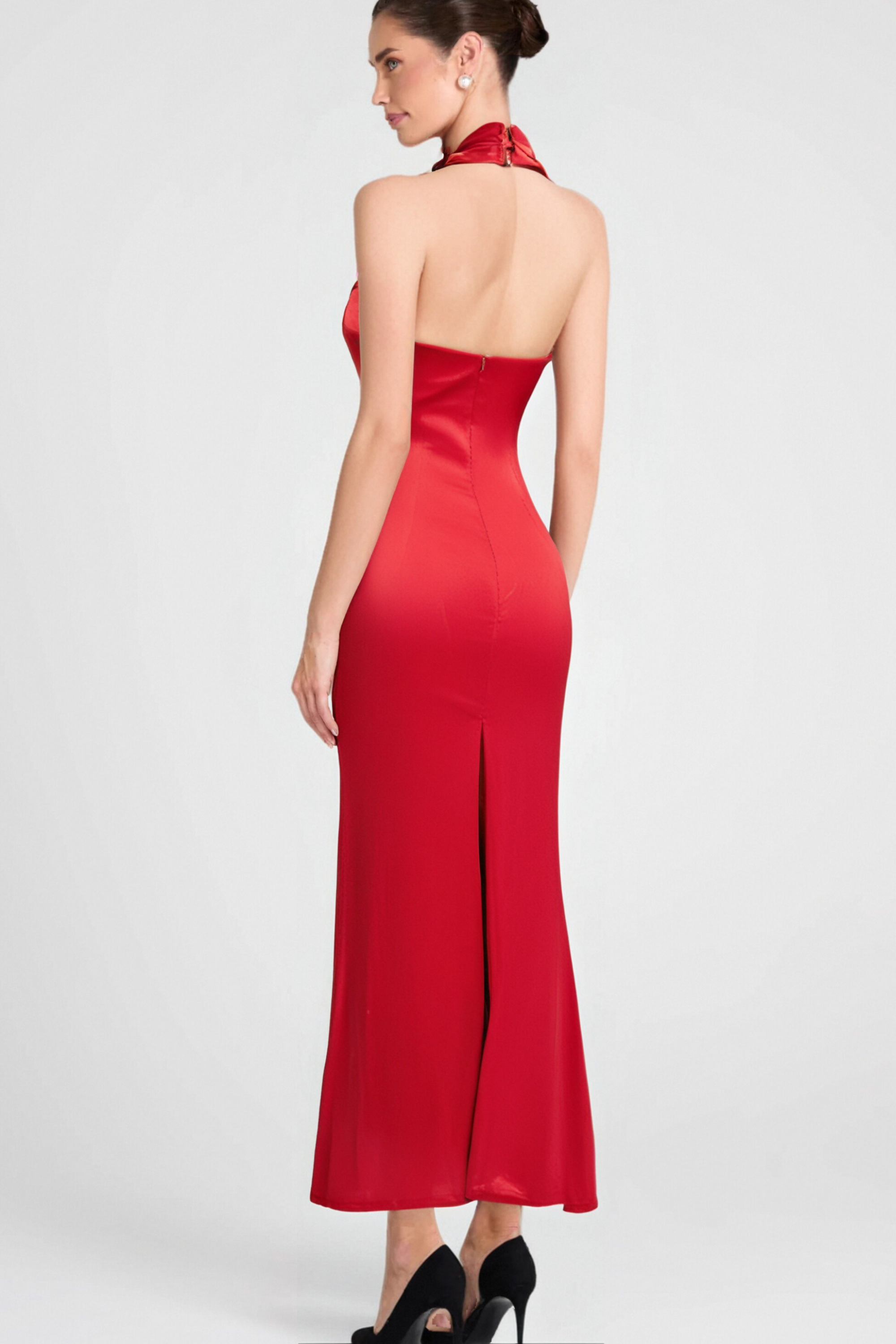 Flowering Girl Women Halter Draped Satin Mermaid Maxi Dress In Red
