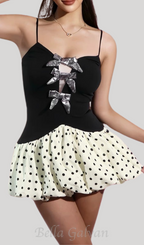 Flowering Girl Women bow polka dot patchwork mini dress in black
