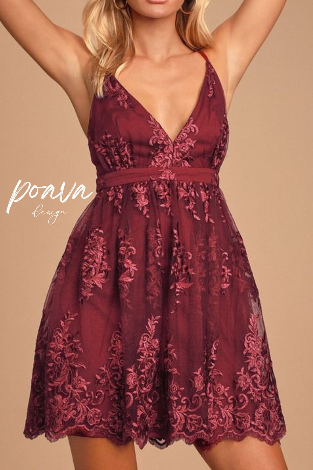 Flowering Girl Women V Neck Tulle Lace Short Burgundy Prom Dresses