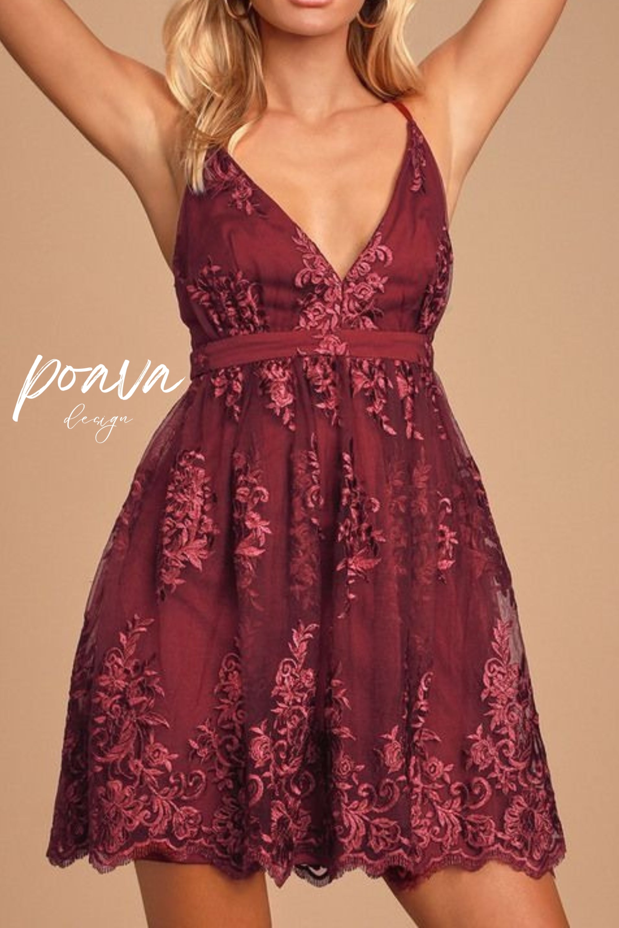 Flowering Girl Women V Neck Tulle Lace Short Burgundy Prom Dresses