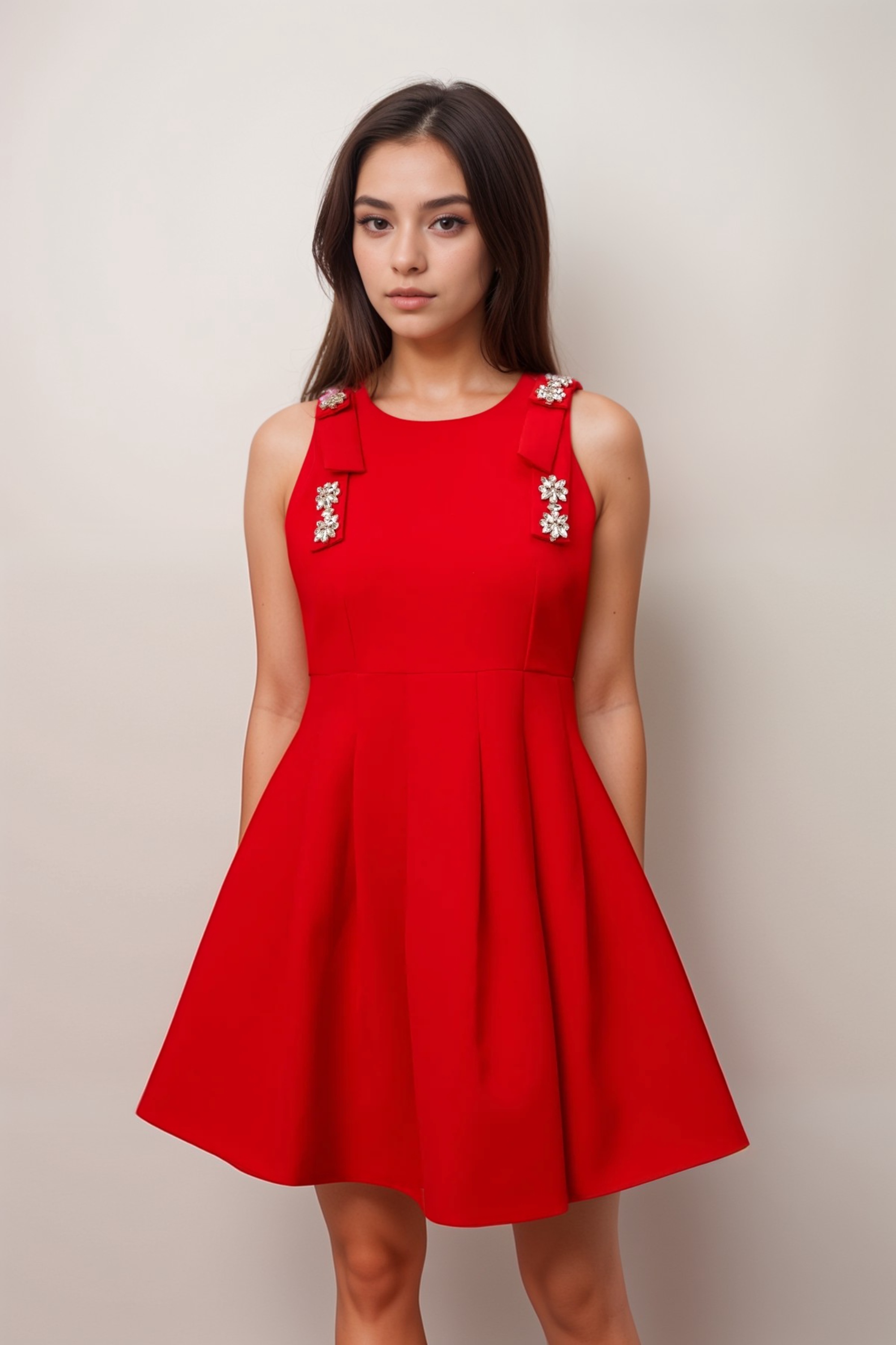 Flowering Girl Women Louisa Red Bow Sleeveless Pleated Mini Dress