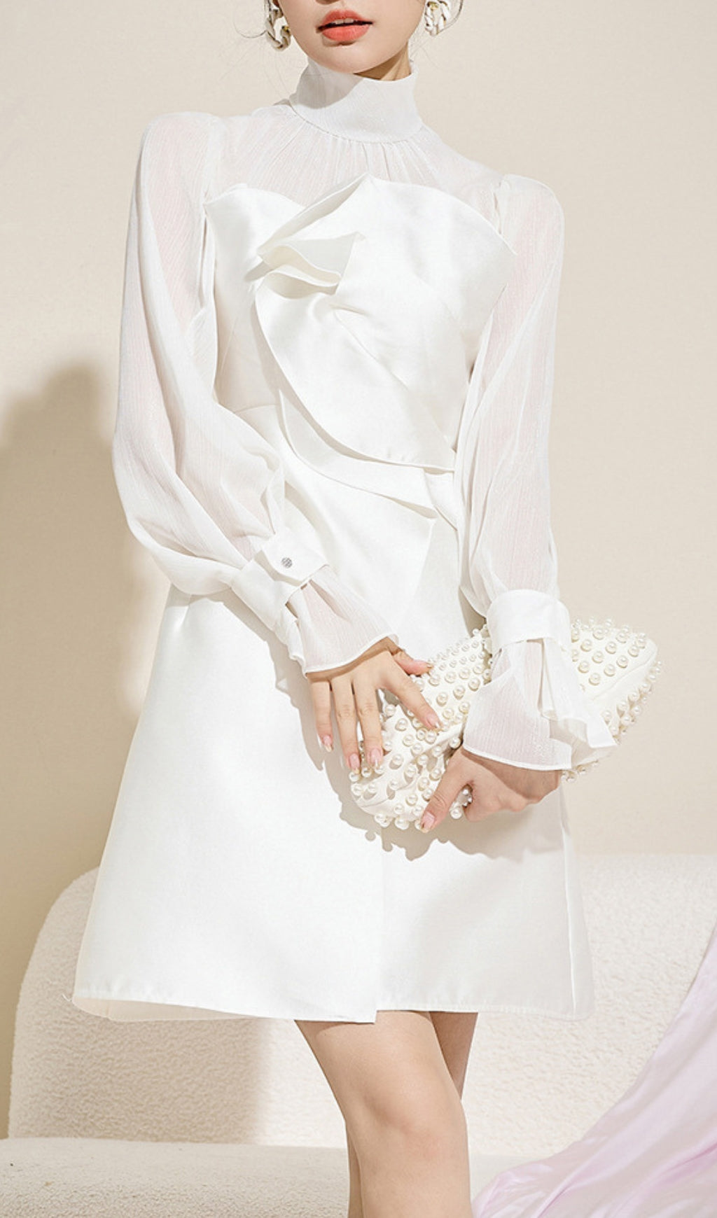 Flowering Girl Women White Mesh Long Sleeve Mini Dress