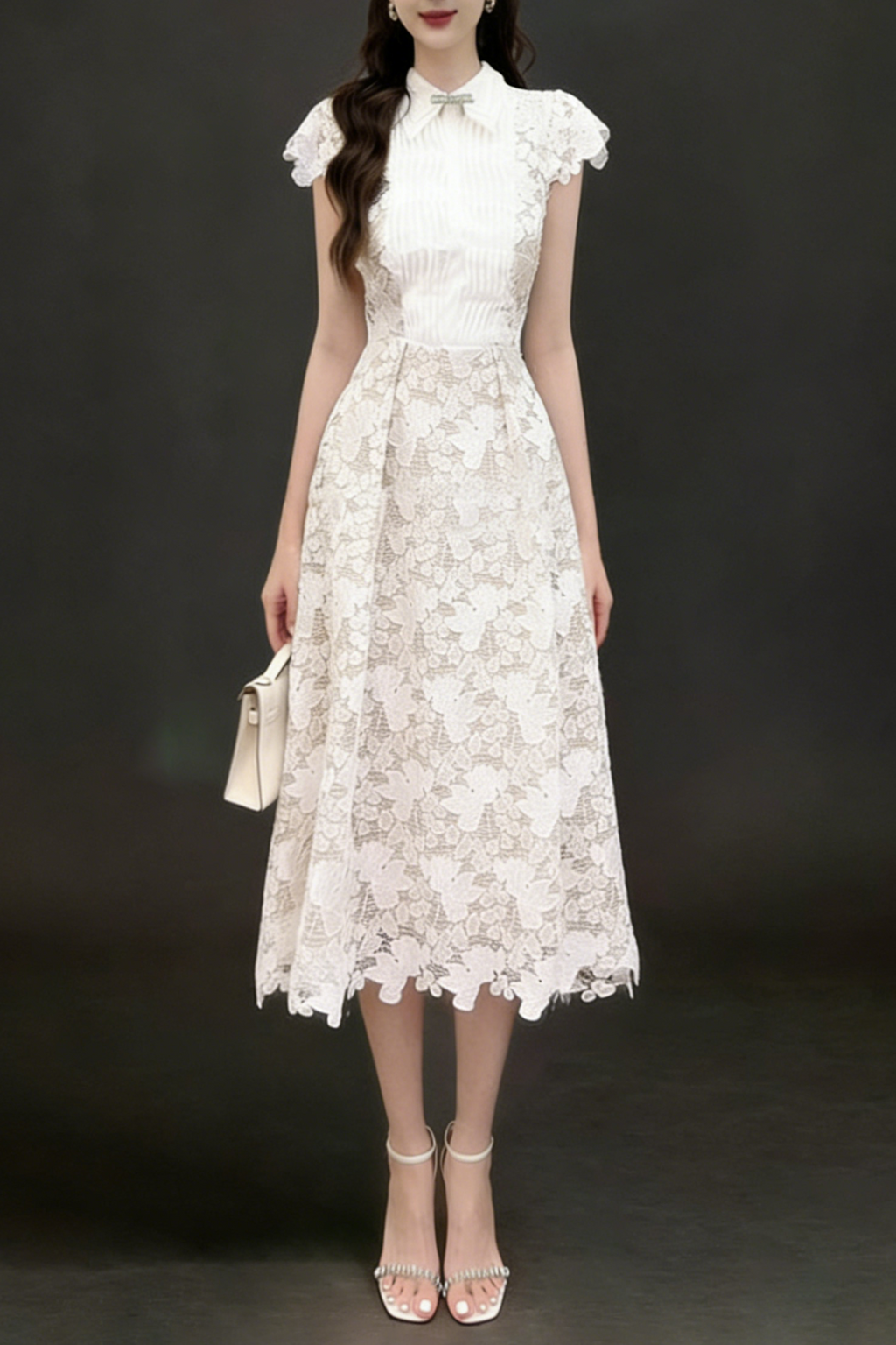 Leila White 3D Flower Embroidery Bow Lace Midi Dress