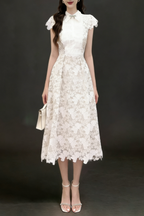 Leila White 3D Flower Embroidery Bow Lace Midi Dress
