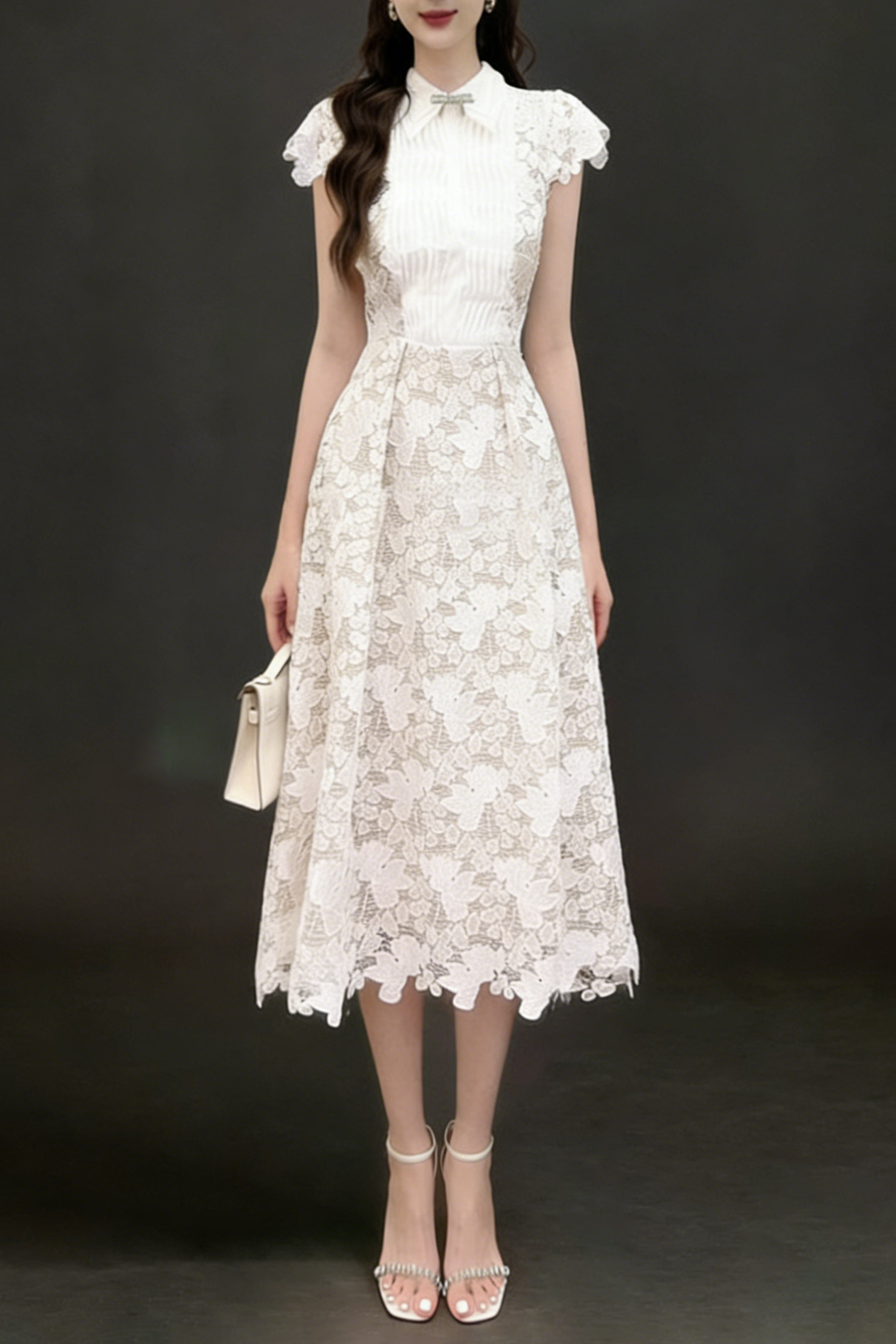 Leila White 3D Flower Embroidery Bow Lace Midi Dress