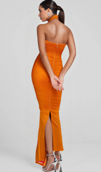 Flowering Girl Women ORANGE OPEN BACK RUCHED FLOWER BODYCON MAXI DRESS