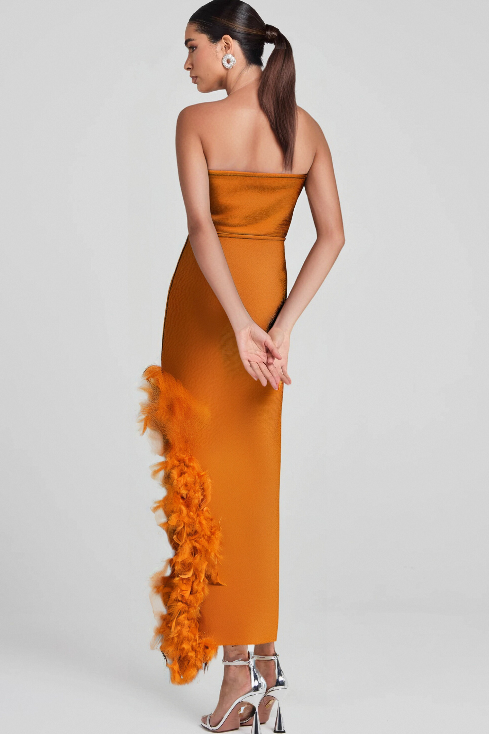 Flowering Girl Women Ostrich Feather Bandage Dress With V-Neckline In Brown