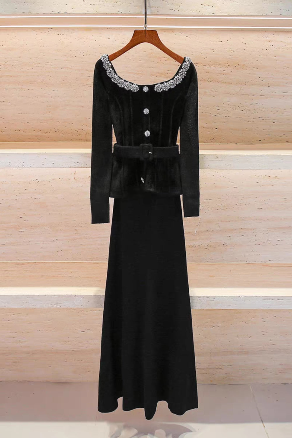 xaviera Black Chenille Knit Crystal Trim Midi Dress