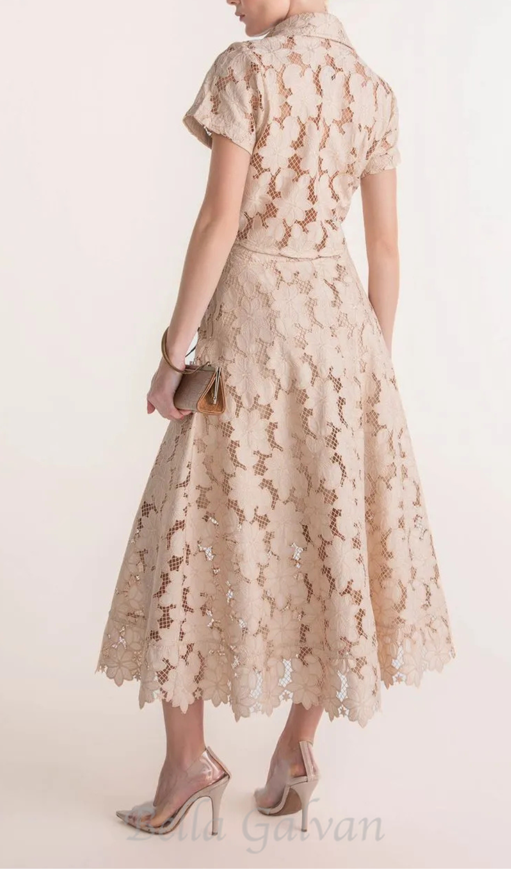 Flowering Girl Women guipure mesh midi skirt cropped set in apricot