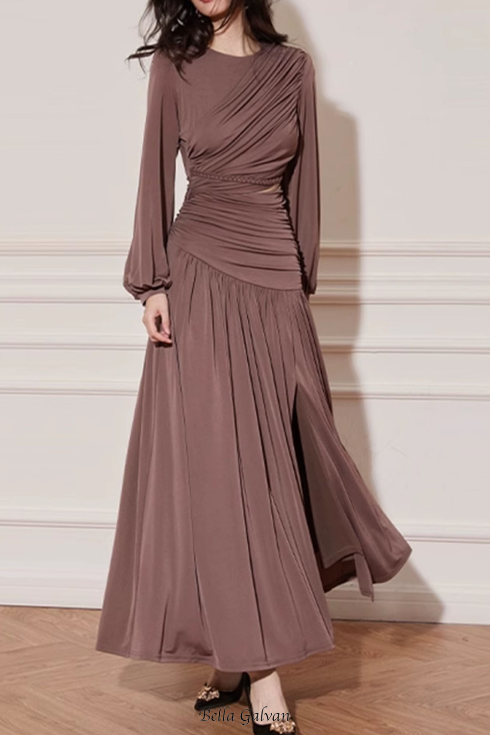pleated cutout chiffon maxi dress in pale brown