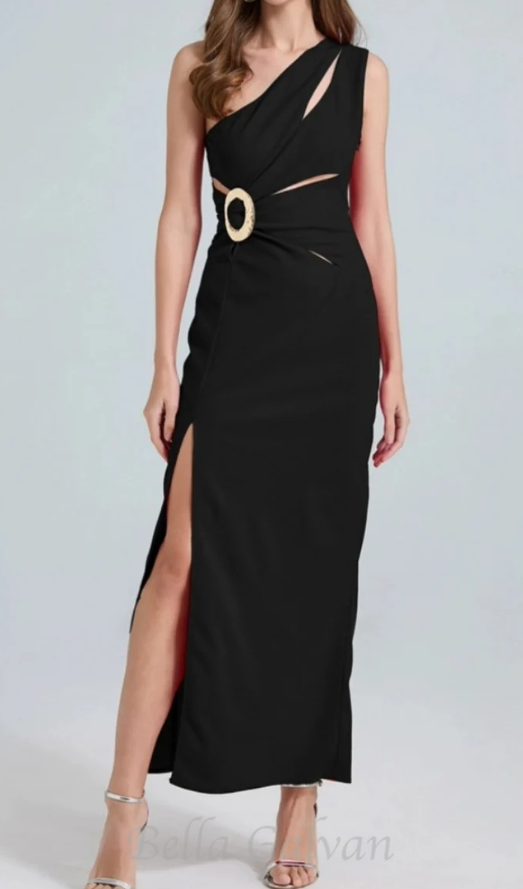 Flowering Girl Women one-shoulder cutout side slit maxi dress in black