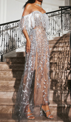 Flowering Girl Women bella Codruta Strapless Leafy Fringe Maxi Dress In Sliver