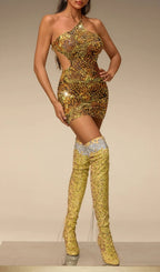 Deeg Rhinestone Printed Cutout Mini Dress