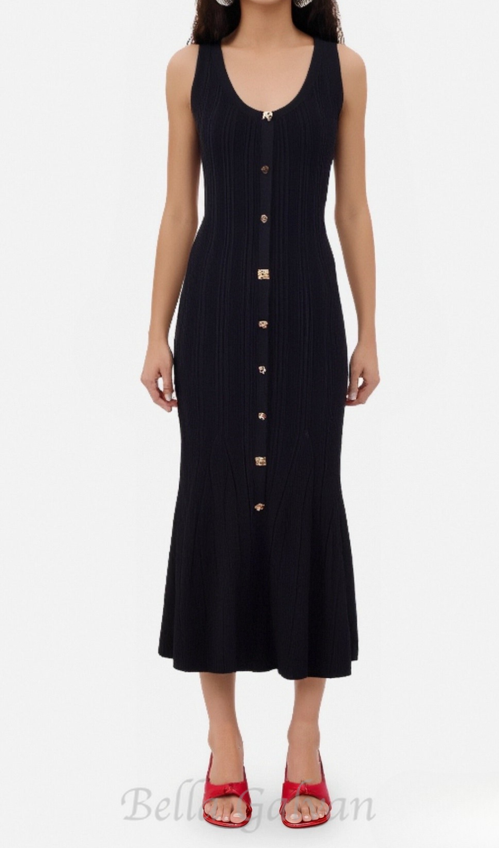Flowering Girl Women Button-embellished ribbed-knit midi dress in black