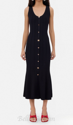 Flowering Girl Women Button-embellished ribbed-knit midi dress in black