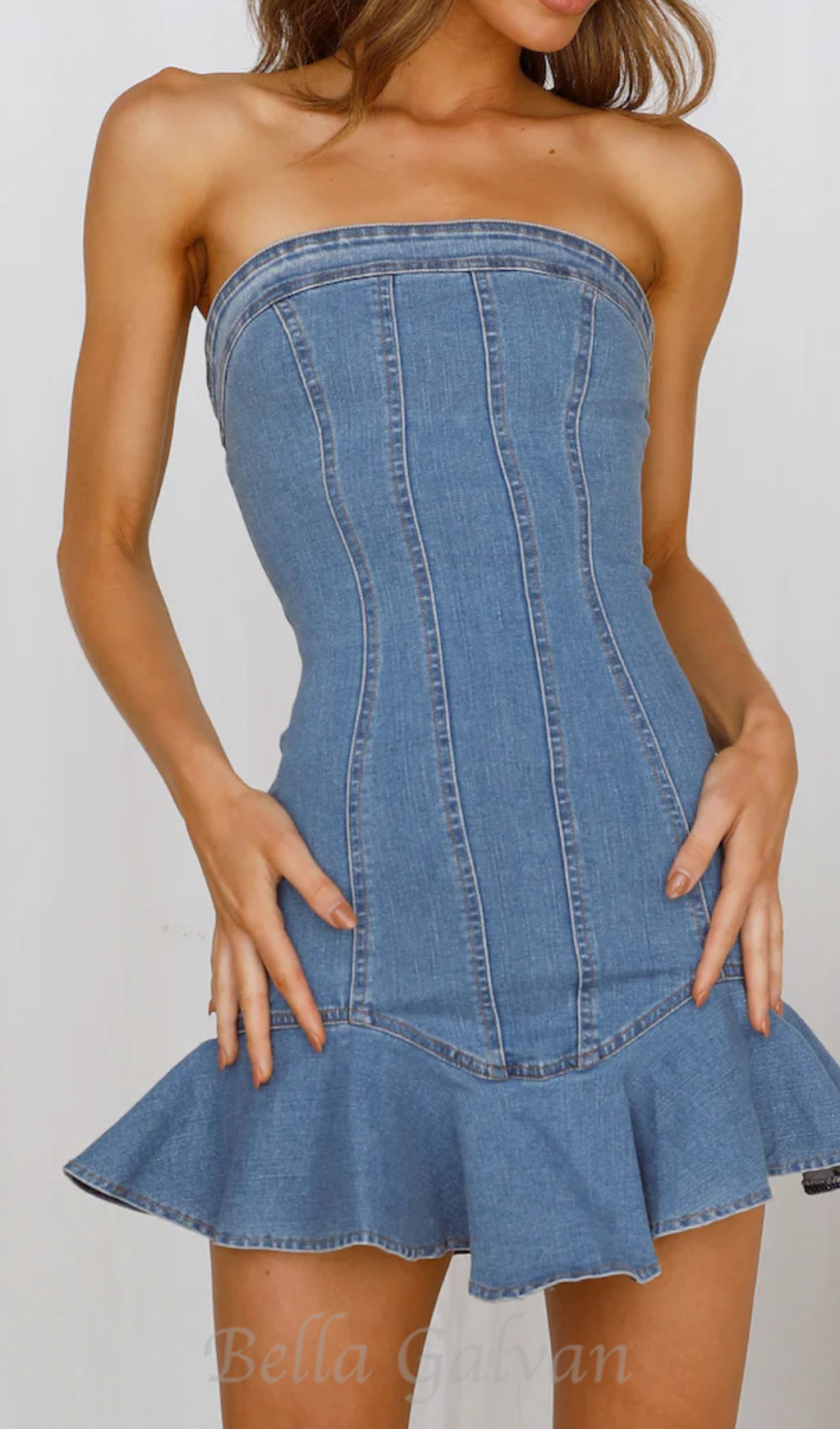 Flowering Girl Women ruffle trim Denim mini Dress in blue
