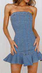 Flowering Girl Women ruffle trim Denim mini Dress in blue
