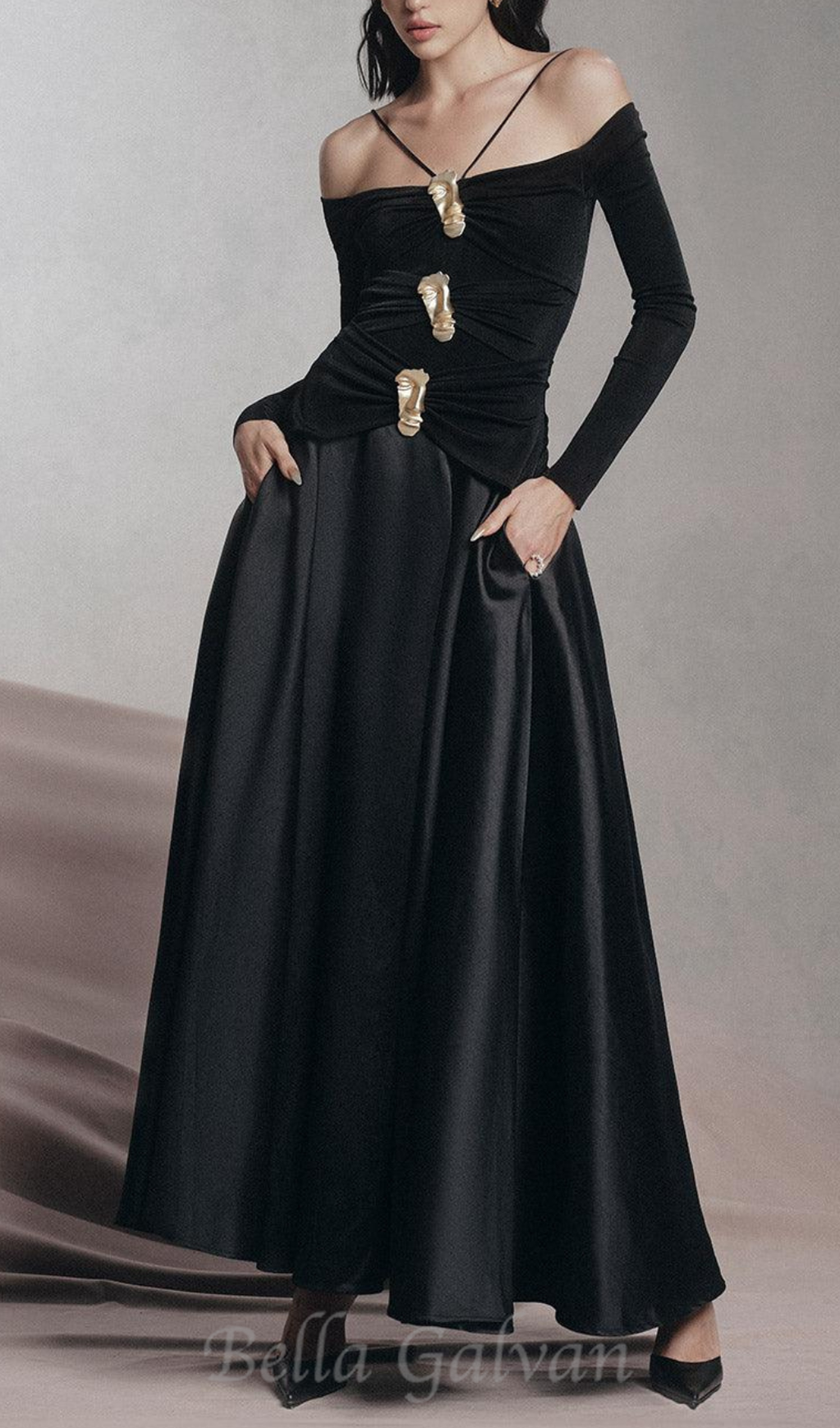 Flowering Girl Women black A-line Cold Shoulder Sleeved Spandex Taffeta Maxi Dress