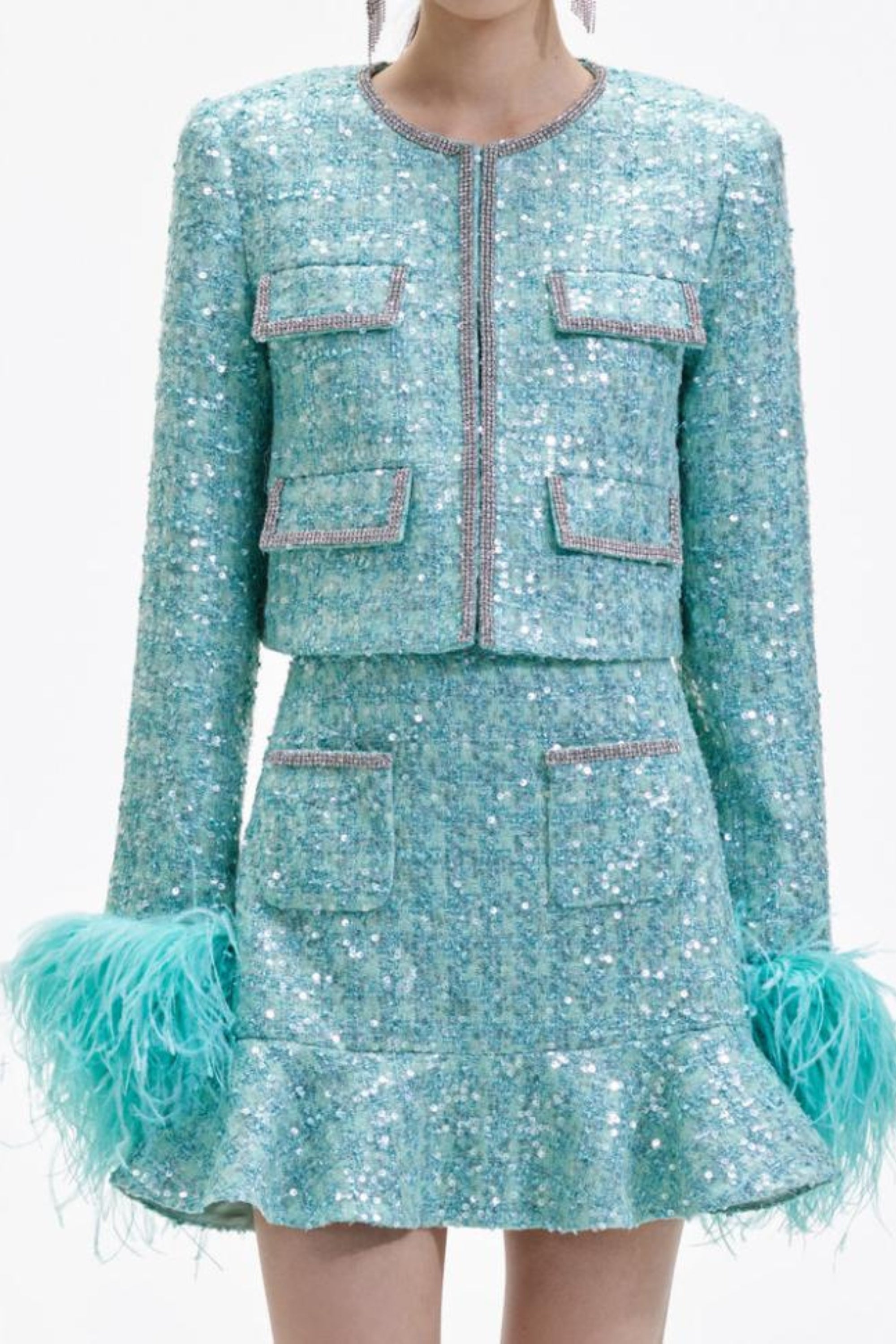 Flowering Girl Women Stephanie Boucle Feather Jacket Suit In Green