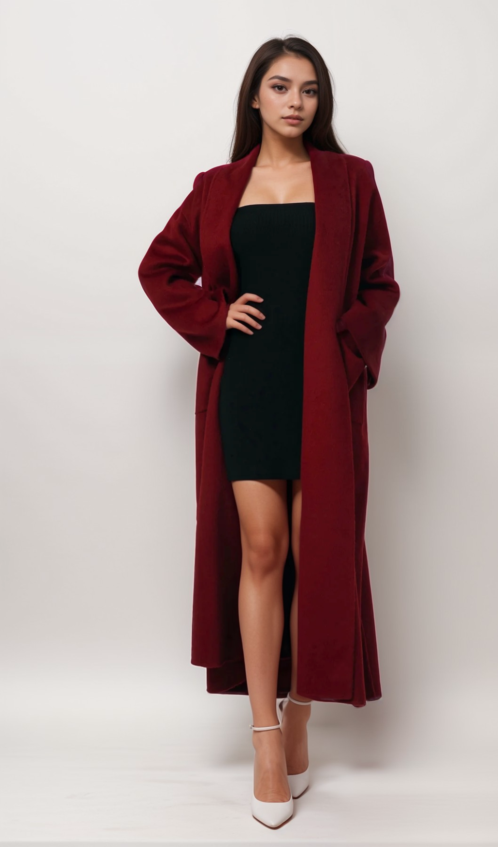 Flowering Girl Women Luxurious Deep Red Belted Wool Coat with Oversized Fit