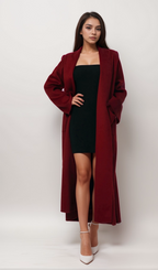 Flowering Girl Women Luxurious Deep Red Belted Wool Coat with Oversized Fit