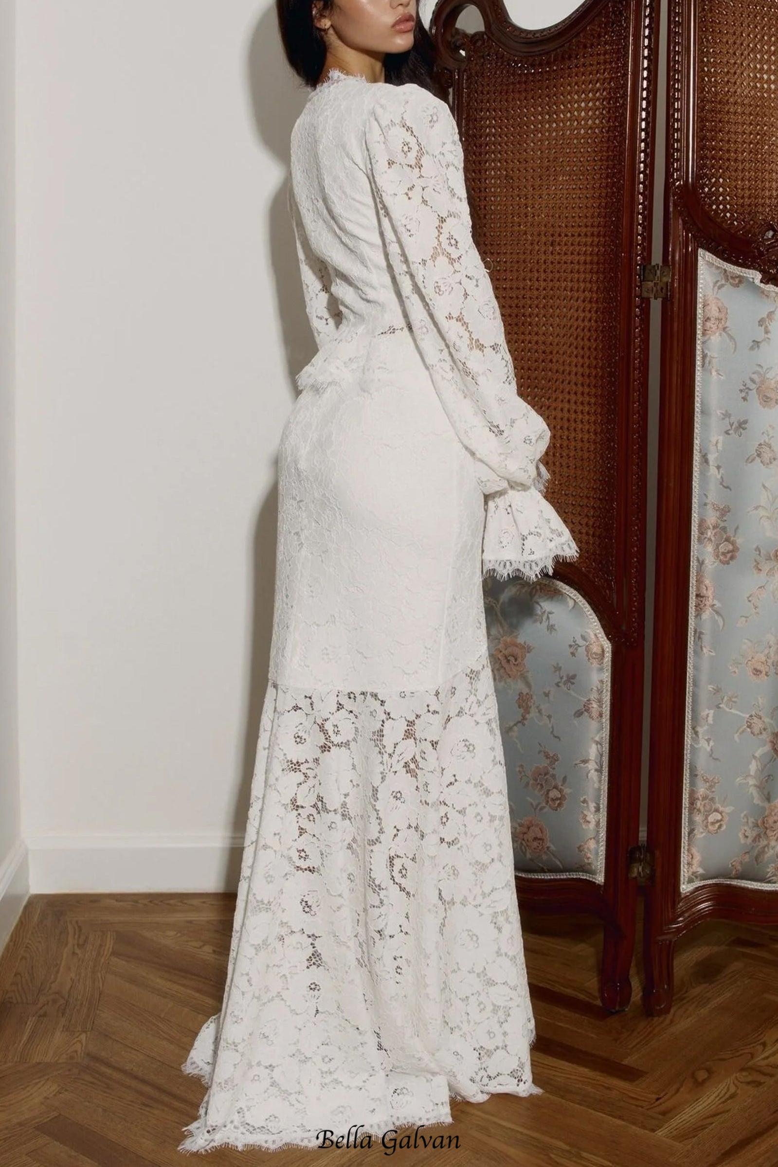 emily Lace Trimmed Puff Sleeved Top & Fishtail Skirt Set in white