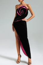 Flowering Girl Women Velvet Flower Slit Maxi Dress In Black