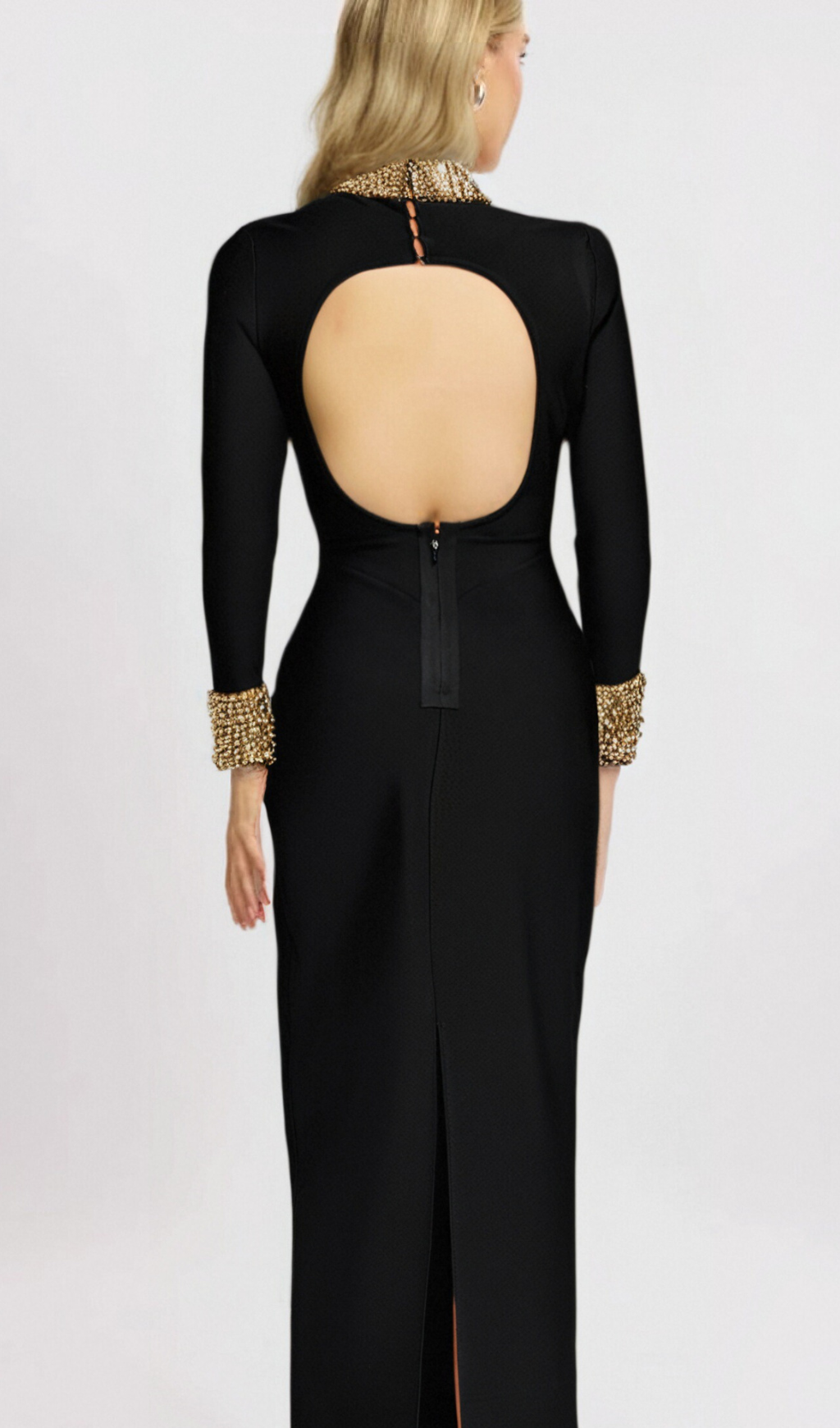 Flowering Girl Women YVONNE LONG SLEEVE GOLD BEAD BANDAGE MIDI DRESS IN BLACK