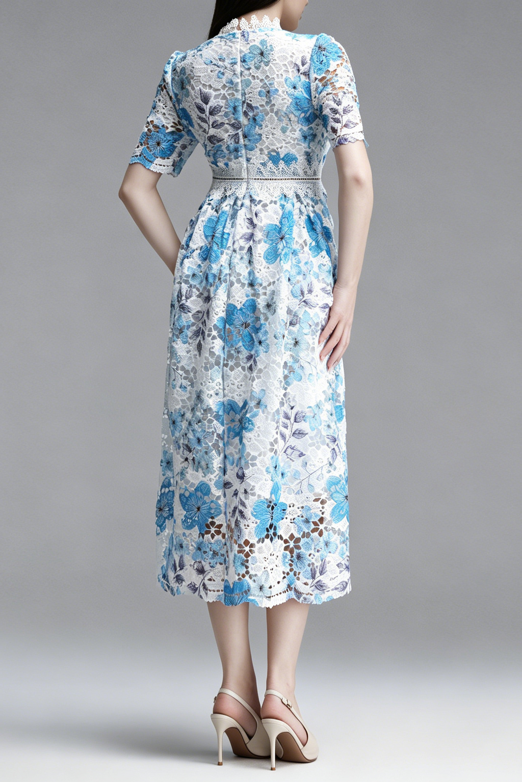 Flowering Girl Women Blue Floral Hollow Lace High Neck Short Puff Sleeve Midi A-Line Dress
